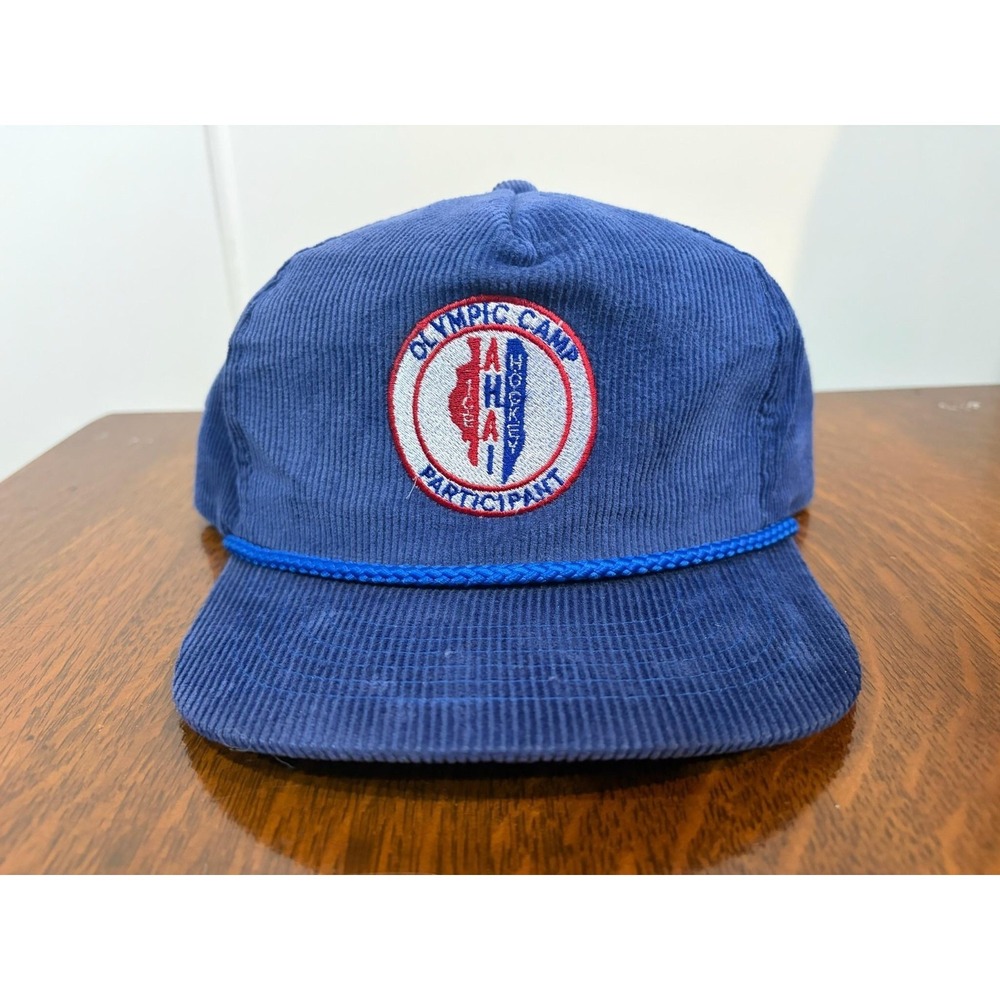 Vintage Olympic Camp Hockey Youngan Hat Cap Snapback One Size Blue Corduroy Mens